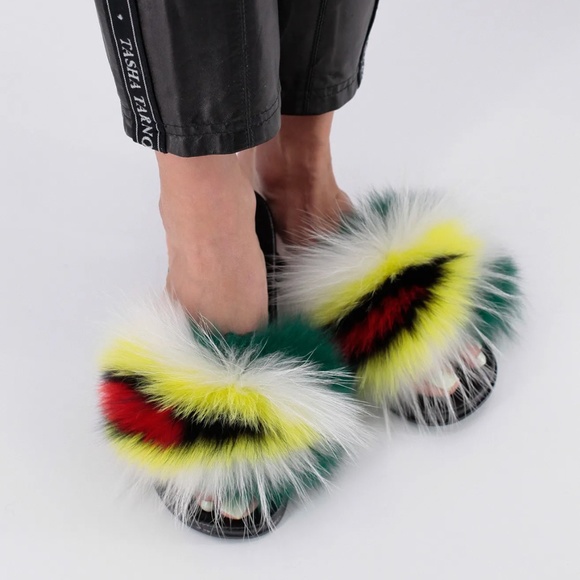 NWT Real Fur Slippers / Sandals, Multicolor - Picture 1 of 7